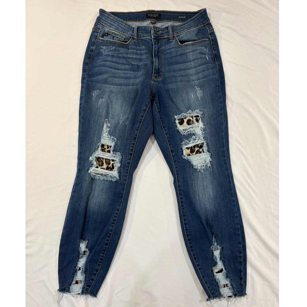 Judy Blue Leapord Print Distressed Dark Denim Skinny Fit Jeans Size 14W